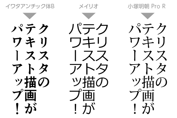 イワタアンチック体B、メイリオ、小塚明朝 Pro Rによる描画例